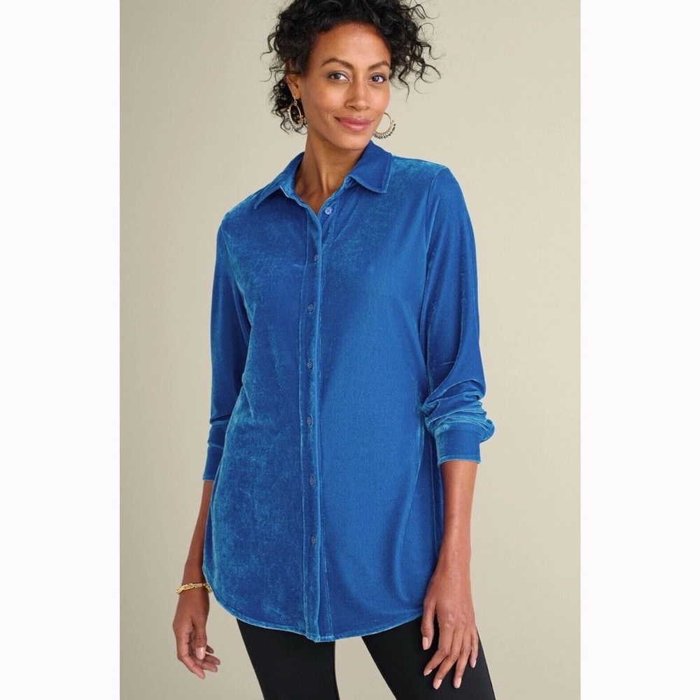 Soft Surroundings Women's Blue Velvet Boyfriend Button Down Tunic Shirt Size XS